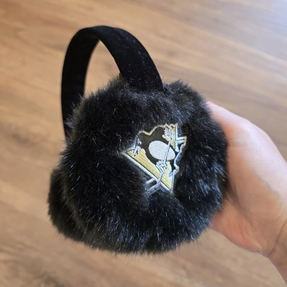 Black Fur Earmuffs with Pittsburg Penguin Logo